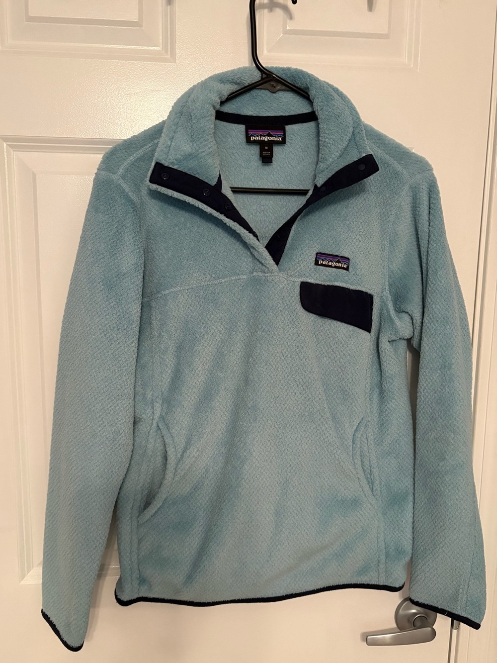 Patagonia Light Blue Fleece Pullover with Navy Trim
